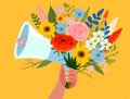 Hand megaphone announce loud communication message flowers