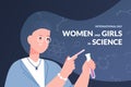 Day of women scientist. International celebration girl in science, young woman laboratory success career biology physics