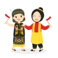 Dayak and Aceh Kids Holding Indonesian Flag Cartoon Vector