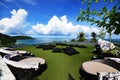 Daybeds grass, sky and sea