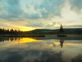 Daybreak autumn lake with mirror water level in mysterious forest, young tree on island in middle. Fresh green color of herbs and