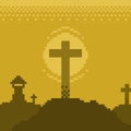 Daybreak Illustration of Christian Cross on Mountain Stone and Monastery, Pixel Art