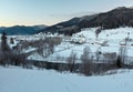 Daybreak winter Carpathian mountain village Zelene, Verkhovyna, Royalty Free Stock Photo