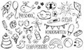 Daycare doodle set, kindergarten and preschool line art icons