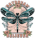 Daydream - Cute Dragonfly - Pretty Floral Distressed Illustration