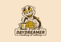 Daydreamer thinking of nothing, mascot character of turtle drink a coffee while daydreaming