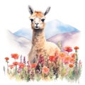 Daydreaming Baby Llama Resting Amidst Highland Flowers AI Generated Royalty Free Stock Photo