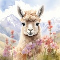 Daydreaming Baby Llama Resting Amidst Highland Flowers AI Generated Royalty Free Stock Photo