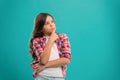 Daydreaming concept. Kid thoughtful face make decision. Child cute curly hair thinking. Hard decision for her. Girl Royalty Free Stock Photo