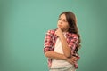 Daydreaming concept. Kid thoughtful face make decision. Child cute curly hair thinking. Hard decision for her. Girl Royalty Free Stock Photo