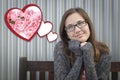 Daydreaming Girl Next To Floating Hearts with Pink Roses