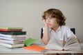 Daydreaming schoolboy sits at a school desk Royalty Free Stock Photo