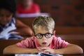 Daydreaming when he should be working. Young boy feeling overcome with boredom in the classroom. Royalty Free Stock Photo