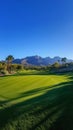 In daylight, a green golf course lies beneath a bright blue sky Royalty Free Stock Photo