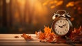 Daylight saving time. Alarm clock and orange leaves on wooden table. Autumn fall change Royalty Free Stock Photo