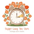 Daylight Saving Time begins poster. Alarm-clock with hand points onward. DST starts in USA with deep flowers. Summertime Flat