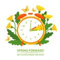 Daylight saving time begins. Spring forward banner. Alarm clock with forward moving hand