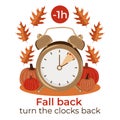 Daylight Saving Time. Autumn landscape. Fall Back, hand turning to winter time Royalty Free Stock Photo