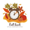 Daylight Saving Time concept. Autumn landscape with text Fall Back, the hand of the clocks turning to winter tim Royalty Free Stock Photo