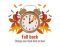 Daylight Saving Time concept. Autumn landscape with text Fall Back, Royalty Free Stock Photo