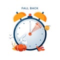 Daylight Saving Time concept. Autumn landscape with text Fall Back, the hand of the clocks turning to winter time. DST