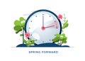 Daylight Saving Time concept. The clocks moves forward one hour. Floral landscape with text Spring Forward, the hand of