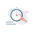 Daylight saving time concept. Human hand is turning the clock hands forward by an hour. Changing the time on the watch Royalty Free Stock Photo