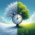 Daylight saving time concept illustrated by tree split between winter, spring. Alarm clock integrated into tree trunk, time Royalty Free Stock Photo