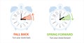 Daylight Saving Time concept. Set of two vintage clocks with fall back time and spring forward Royalty Free Stock Photo