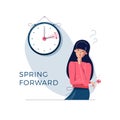 Daylight Saving Time. Confused woman is looking at the clock. Summer time concept. Text spring forward. The hand of