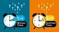 Daylight saving time date question. Colorful winter time and summer time alarm clocks set. Colorful illustration. Royalty Free Stock Photo