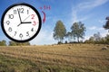 Daylight Saving Time DST. Blue sky with white clouds and clock. Turn time forward +1h Royalty Free Stock Photo
