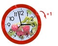 Daylight Saving Time DST. Wall Clock going to summer time +1. Turn time forward Royalty Free Stock Photo