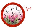 Daylight Saving Time DST. Wall Clock going to summer time +1. Turn time forward Royalty Free Stock Photo