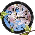 Daylight Saving Time DST. Wall Clock going to summer time +1. Turn time forward Royalty Free Stock Photo