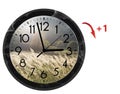 Daylight Saving Time DST. Wall Clock going to summer time +1. Turn time forward Royalty Free Stock Photo