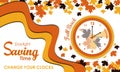 Daylight Saving Time Ends Background. Change your clocks message. Fall back. With leaf and clocks icon. Premium and luxury vector Royalty Free Stock Photo