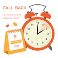 Daylight saving time ends concept banner. Fall Back time. Allarm clock with autumn leaves and calendar Royalty Free Stock Photo