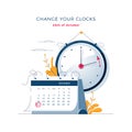 Daylight Saving Time ends concept. The hand of the clocks turning to winter time. Calendar with marked date, text Change Royalty Free Stock Photo