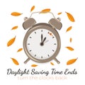 Daylight Saving Time ends. Turn your clock back. Autumn landscape with text Fall Back, the hand of the clocks turning to winter Royalty Free Stock Photo