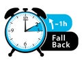 Daylight saving time. Fall back alarm clock icon.