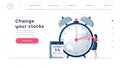 Daylight saving time homepage template. Woman sets the clocks forward by an hour, as dst time begins. Change your clocks Royalty Free Stock Photo