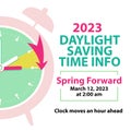 Daylight Saving Time Info Banner. Spring Forward concept with clock and moves arrow an hour ahead