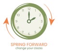 Daylight Saving Time poster. Spring forward it is time to change clock. Wall Clock going to summer.