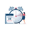 Daylight saving time vector illustration. Woman pushes the clocks forward by an hour, as daylight-saving time begins