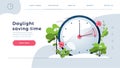 Daylight Saving Time web template. The clocks moves forward one hour. Floral landscape with text Spring Forward, the