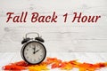 Daylight Savings Fall Back message with alarm clock with fall leaves Royalty Free Stock Photo