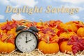 Daylight Savings time change message with a retro alarm clock with pumpkins and fall leaves Royalty Free Stock Photo