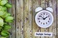 Daylight Savings Time Spring concept top down view with white clock and green tulips Royalty Free Stock Photo
