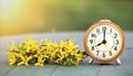 Daylight savings time, spring forward - banner of an alarm clock and flowers Royalty Free Stock Photo